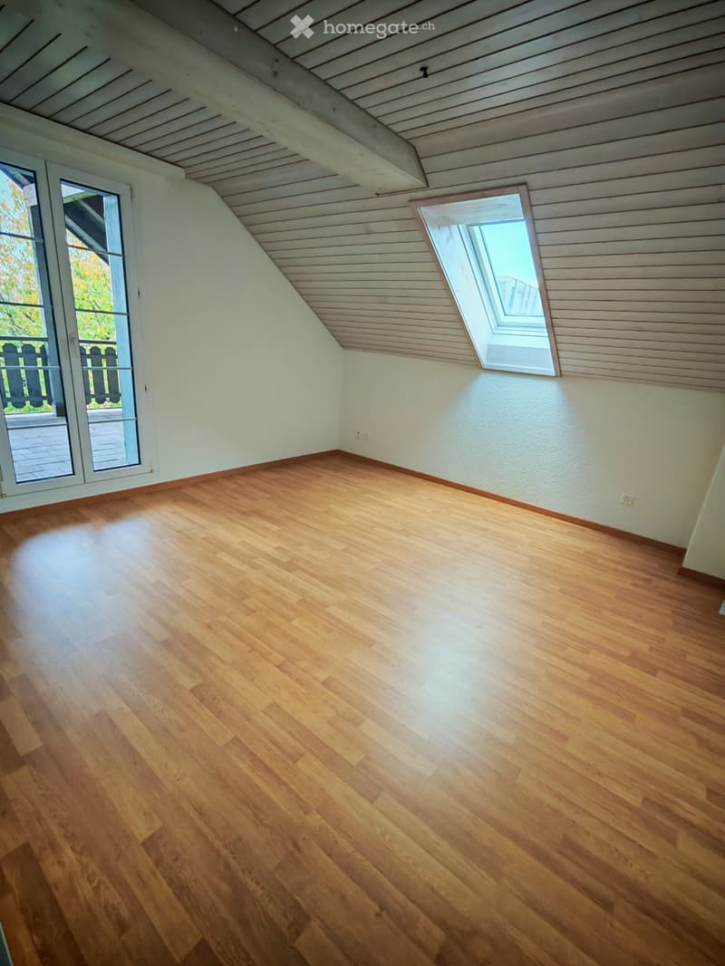 Empty room with wooden flooring, white walls, and a slanted wooden ceiling. Features a large window and a skylight, with a door leading outside.