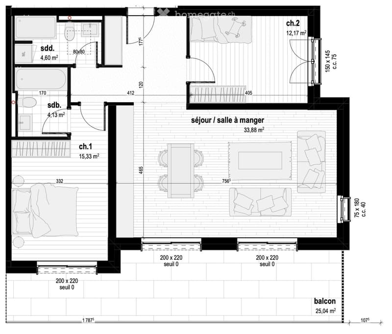 Floor plan of a 2-bedroom apartment with a living/dining area, two bathrooms, and a balcony.