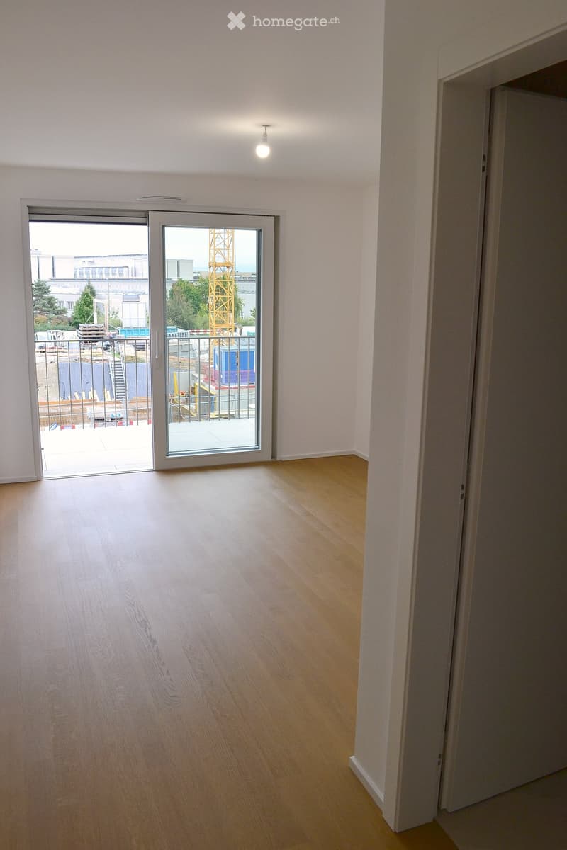 Empty room with light wooden flooring, white walls, and a large sliding glass door leading to a balcony area.