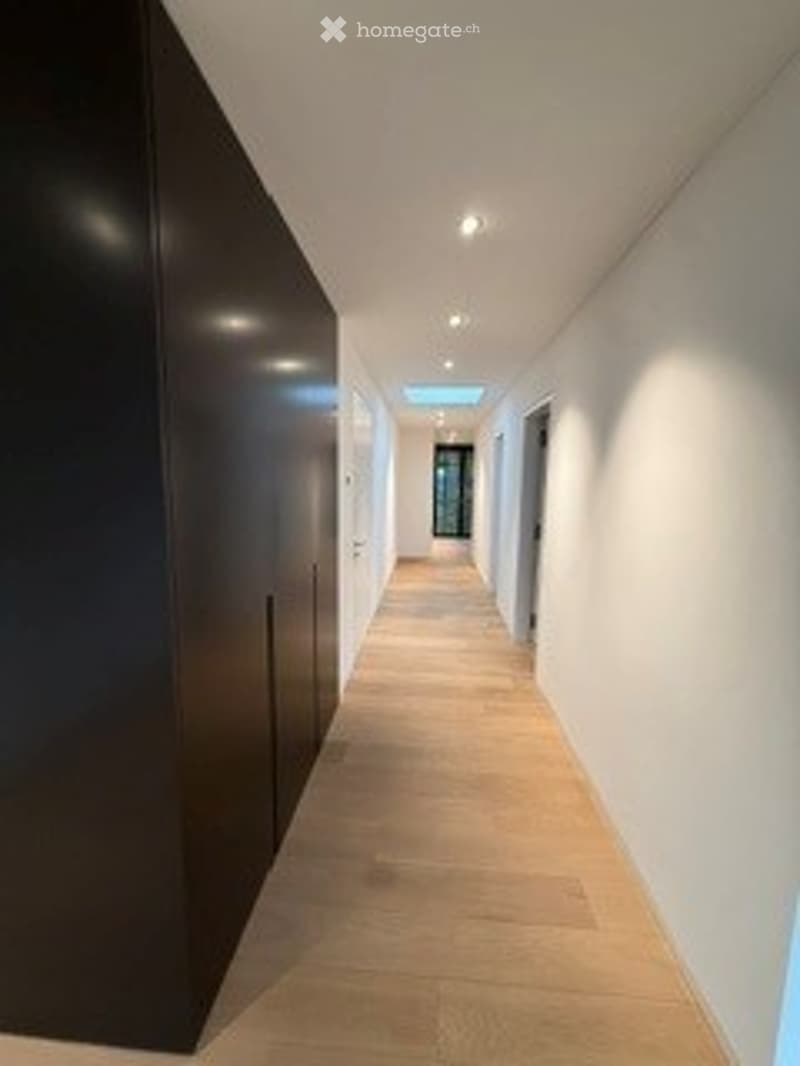 Modern hallway with light wooden flooring, white walls, recessed ceiling lights, and a dark wooden panel on one side.