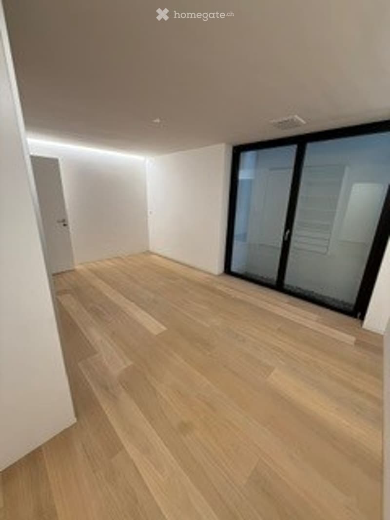 Completely empty room with light wooden flooring, white walls, and large floor-to-ceiling windows with black frames.