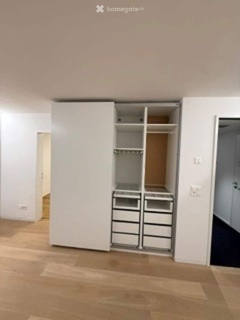 Empty room with light wooden flooring, white walls, and a large built-in closet with open shelving and drawers.