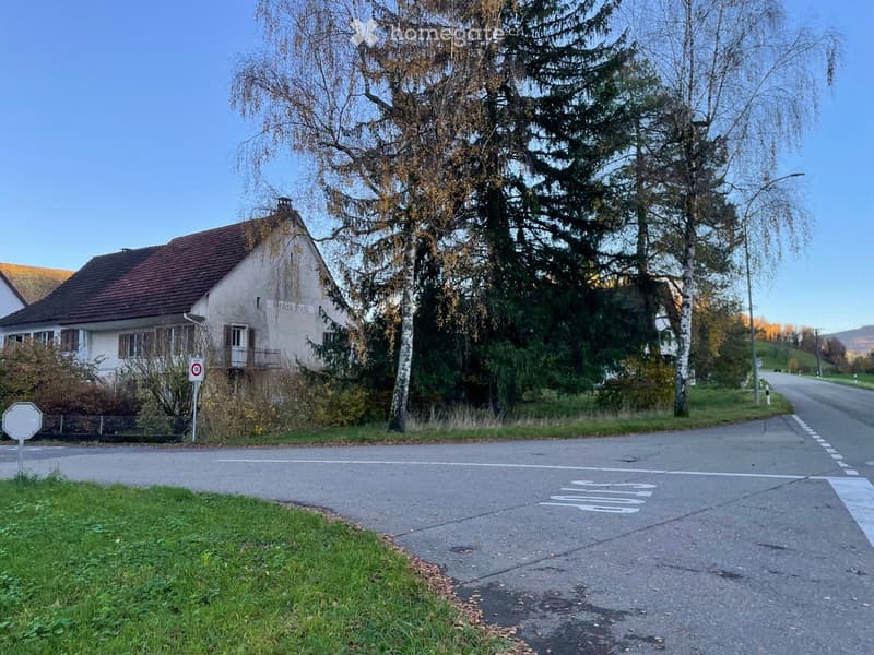 Single-family house in a corner lot with greenery and large trees, road on one side, white exterior walls, brown roof, sign.