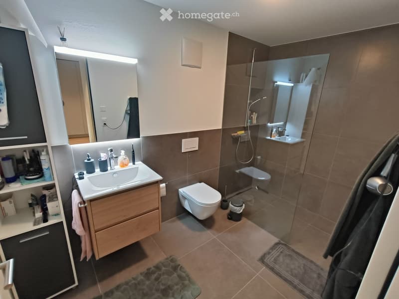 Modern bathroom with a white sink, toilet, large mirror, and a glass-enclosed shower area. Wooden cabinetry and tiled walls.