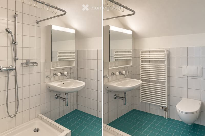 Modern bathroom with white tiles, green floor tiles, a sink with a mirror cabinet, a shower, a bathtub, and a radiator. The second image includes a toilet.