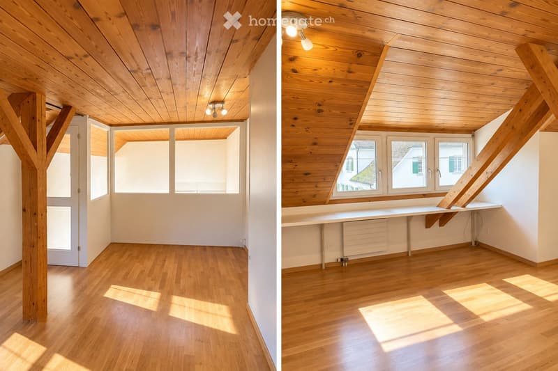 Two images of an unfurnished room with wooden floors, white walls, and exposed wooden beams on the ceiling. The room features large windows and a simple, clean design with no furniture or personal items.