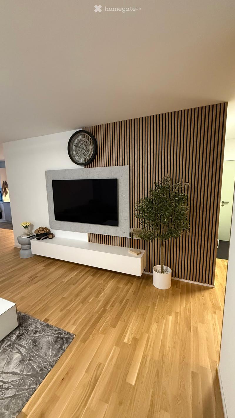 Modern living room with wooden flooring, a large flat-screen TV mounted on a grey wall, a white TV stand, a decorative clock above the TV, a small plant in a pot, and a grey rug on the floor.