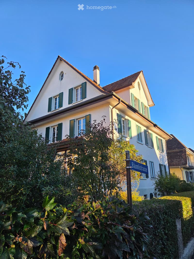Two-story house with white walls, green shutters, and a chimney, partially obscured by greenery and a hedge.