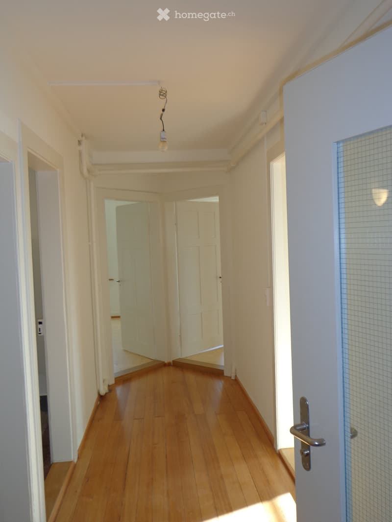 Empty hallway with wooden flooring, white walls, and several doors leading to other rooms.