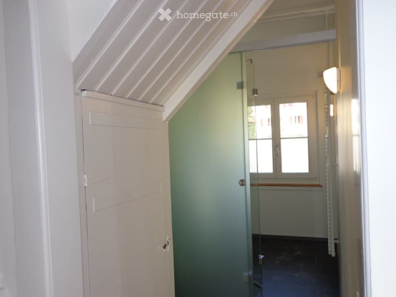 A narrow hallway with a slanted ceiling, white walls, a glass partition, and a white door on the left. Natural light streams in from a window at the end of the hallway.
