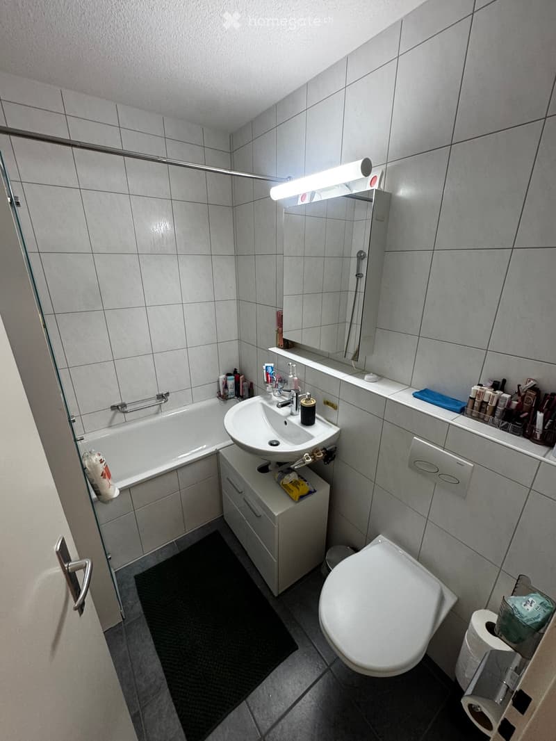 Modern bathroom with a bathtub, sink, toilet, and mirror. The room features tiled walls and a dark floor, with various toiletries and accessories neatly arranged on the sink counter and shelves.
