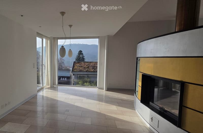 modern design, fireplace, balcony, glass sliding doors, tiled floor, hanging lamps, large windows