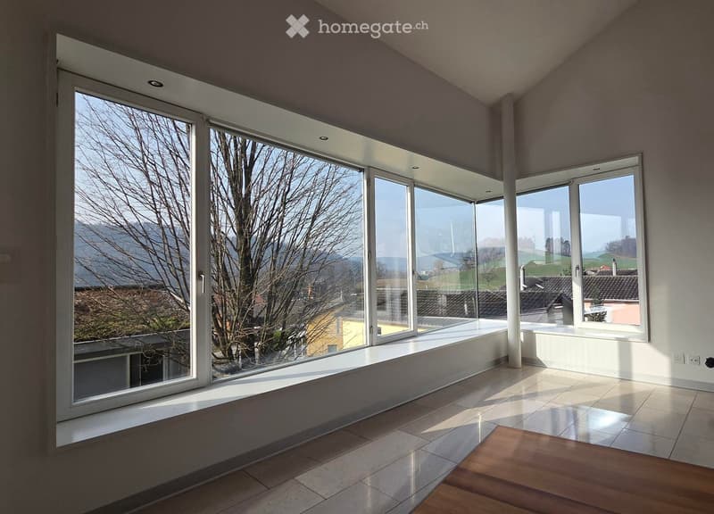 large windows, white floor, large tree view, white walls, white window frames