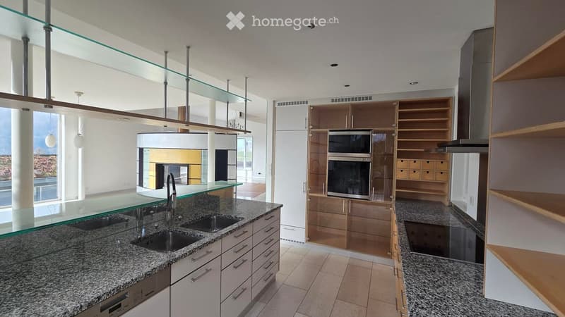 kitchen with modern design, granite countertops, stainless steel appliances, modern kitchen island, wooden cabinets, dishwasher