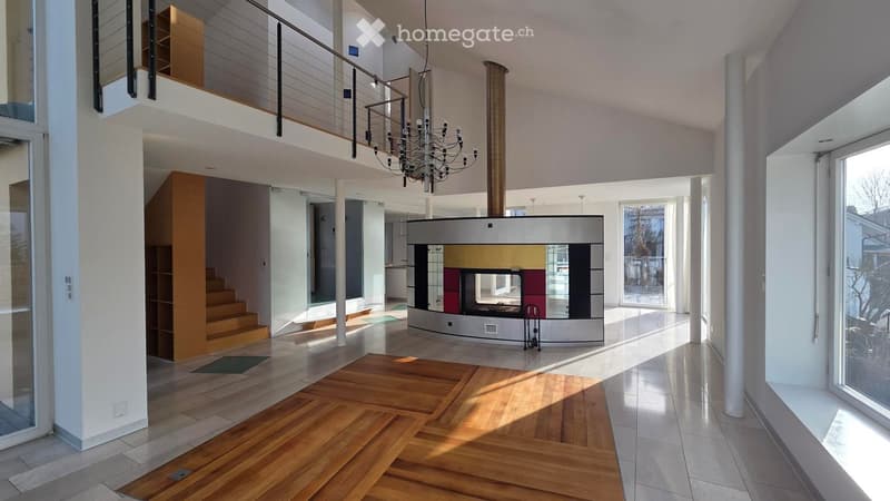 spacious open room, modern design, fireplace, wooden floor, chandelier