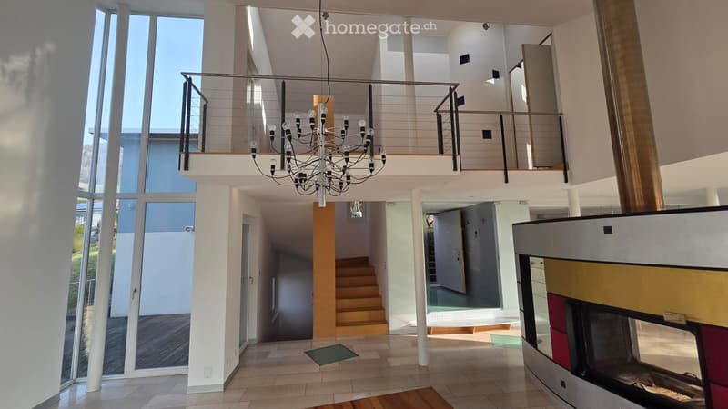 Chandelier, tiled floor, staircase, fireplace, glass doors, windows