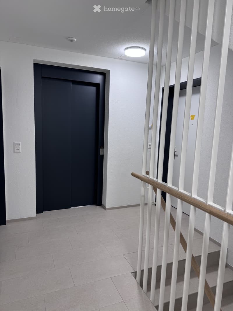 Modern hallway with white walls, tiled floor, and a staircase with white railings and wooden handrails. A closed black door is visible on the left side.