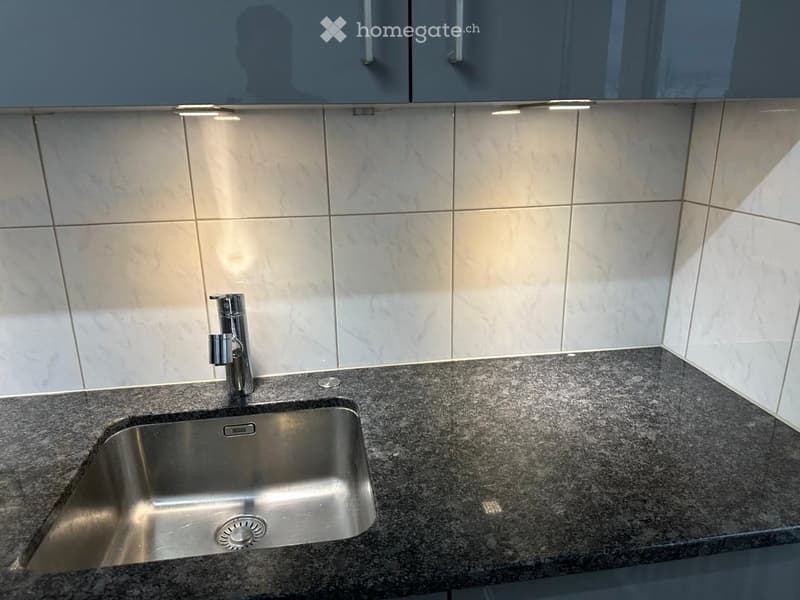 Modern kitchen with granite countertop, stainless steel sink, and sleek faucet. Backsplash features marble tiles.