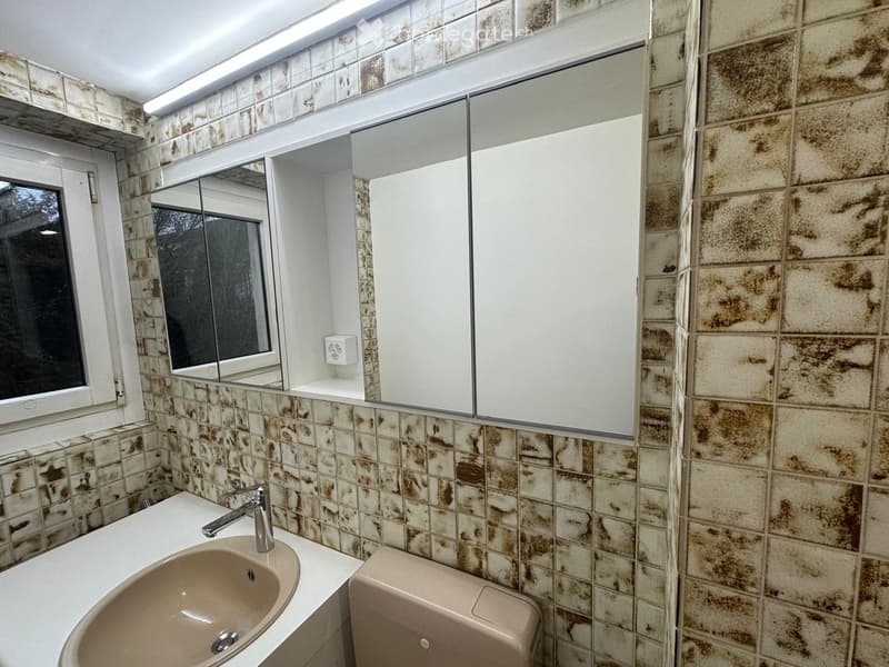 Bathroom with a sink, faucet, mirror, and toilet. The walls are tiled with a patterned design, and there is a window with frosted glass.