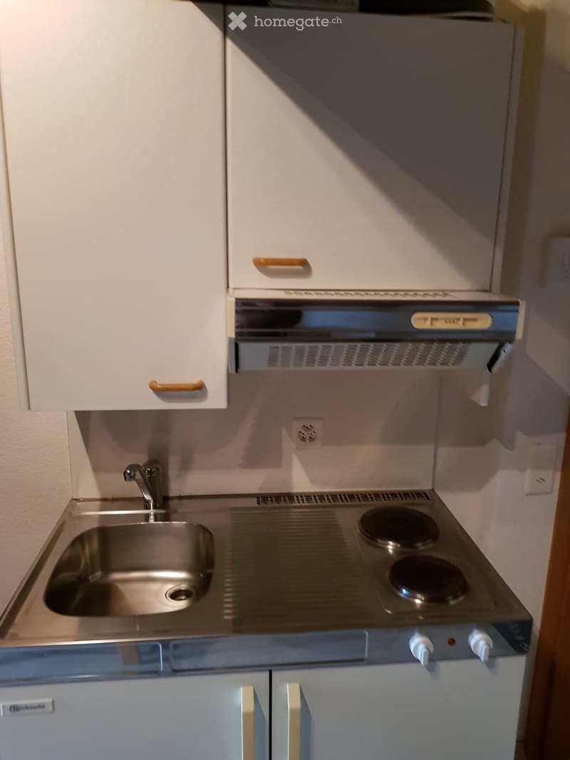 Compact kitchen with stainless steel sink, electric stove, white cabinets, and a range hood.