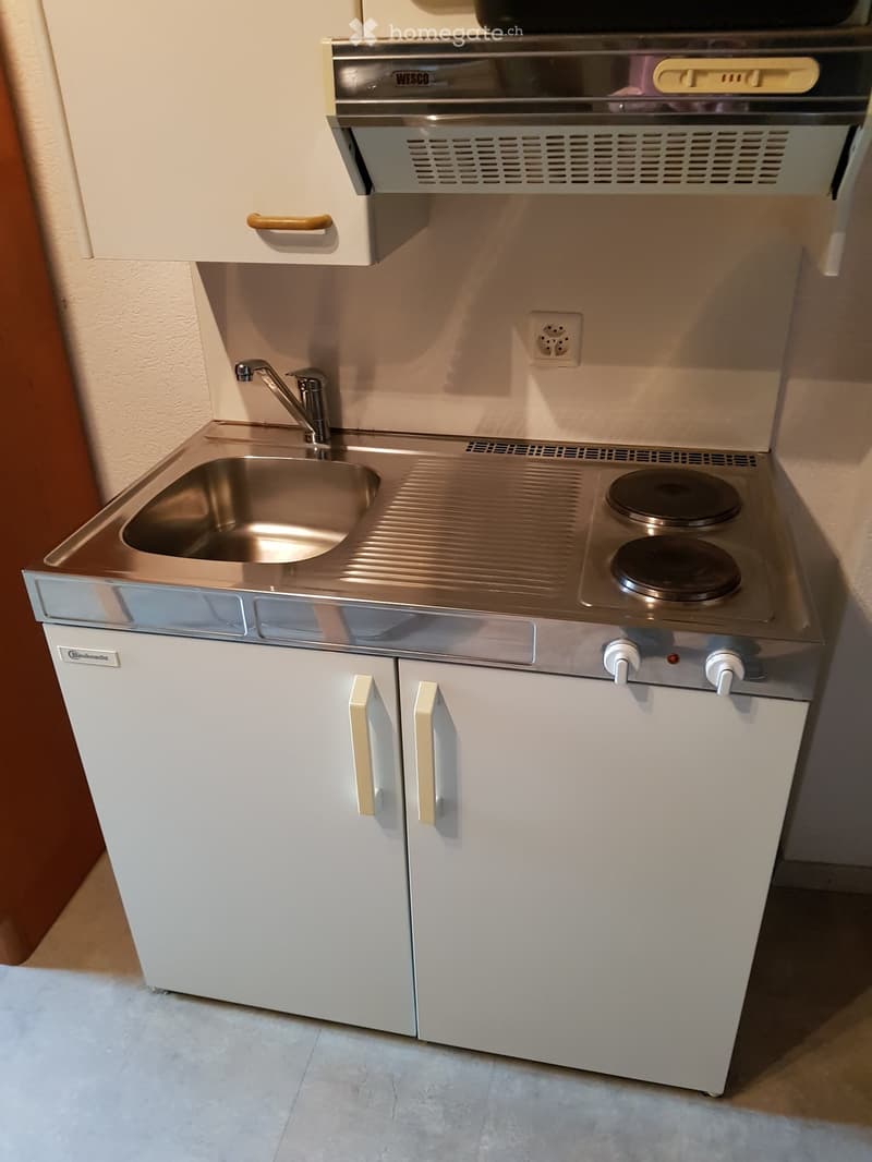 Compact kitchen with a stainless steel sink, faucet, induction stove, and white cabinets with handles.