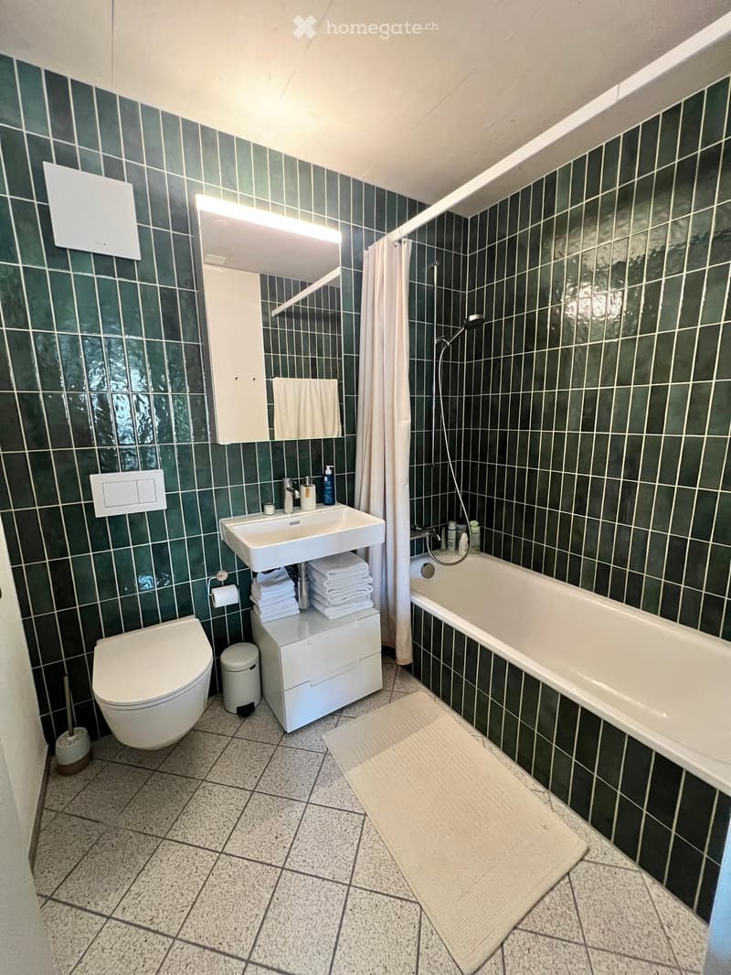 Bathroom with green tiled walls, a white sink, a bathtub, a toilet, and a mirror with a built-in light. Towels are neatly stacked on the sink cabinet, and a shower curtain is visible in the bathtub area.