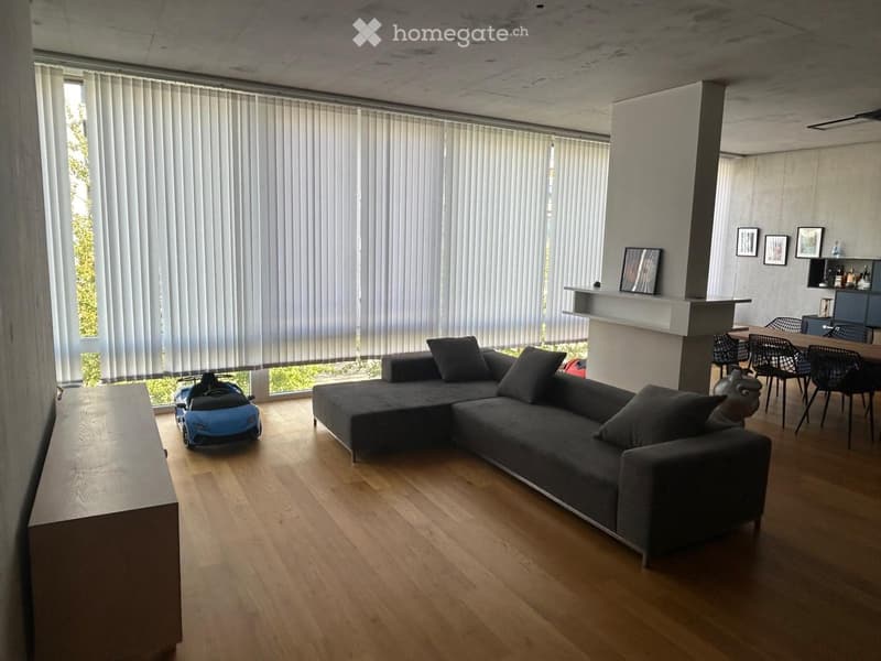 Modern living room with wooden flooring, large windows with blinds, grey sectional sofa, coffee table, dining area with chairs and table, and framed pictures on the wall.