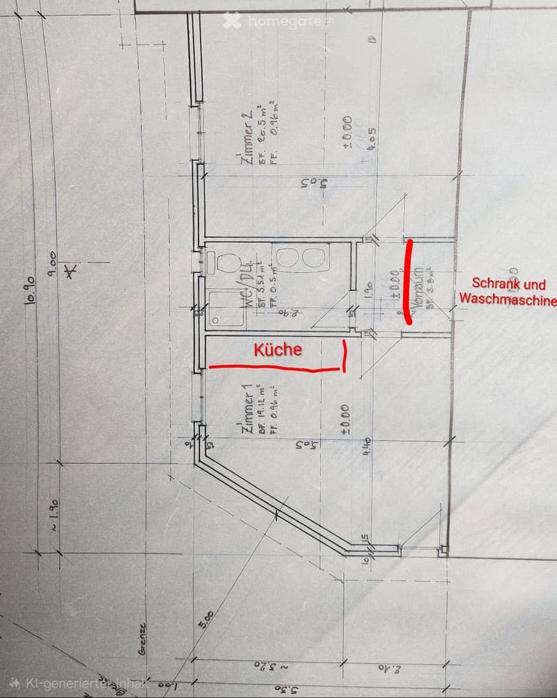 Floor plan showing a kitchen, two bedrooms, and a closet with a washing machine.