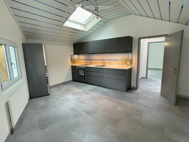 Gray cabinets, gray floor, two sinks, electric stove, refrigerator, skylight, two windows, white wall, wooden slat ceiling