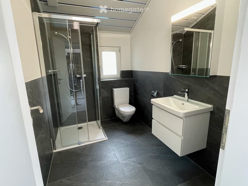 Bathroom: shower, toilet, sink, mirror, tiled floor, white fixtures