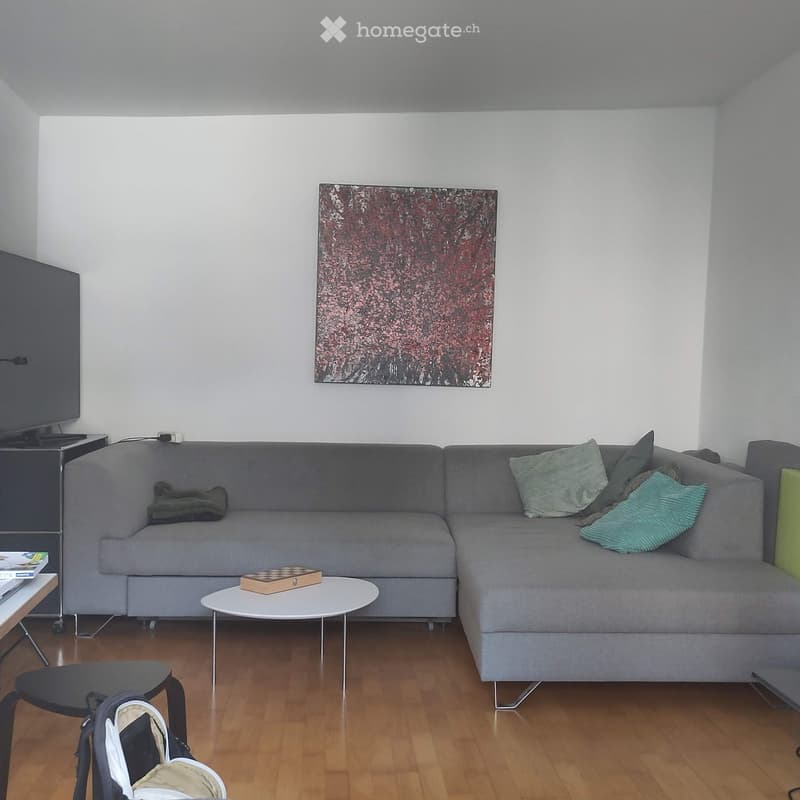 Modern living room with grey sectional sofa, coffee table, small stool, TV, and artwork on the wall.