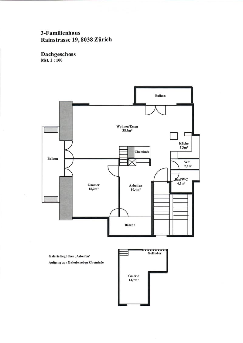 Top floor layout of a 3-family house with living/dining area, kitchen, bedroom, work area, bathroom, WC, and balcony.