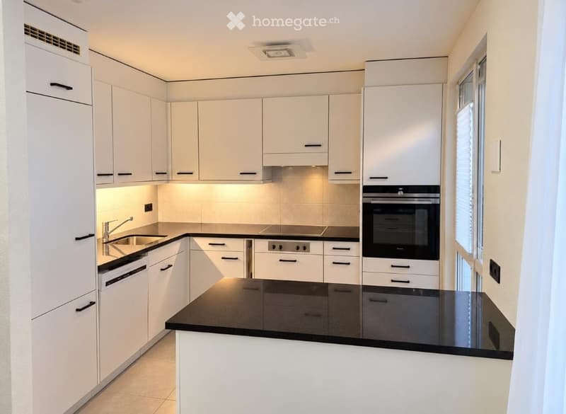 Modern kitchen with white cabinets, black countertop, stainless steel sink, oven, and dishwasher.