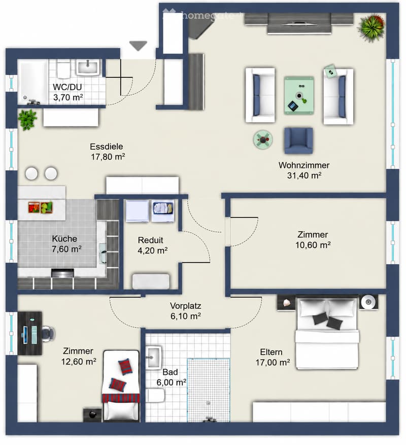 Floor plan of a 2-bedroom apartment with a living room, dining area, kitchen, bathroom, and WC/DU. Includes a hallway and a small study area.
