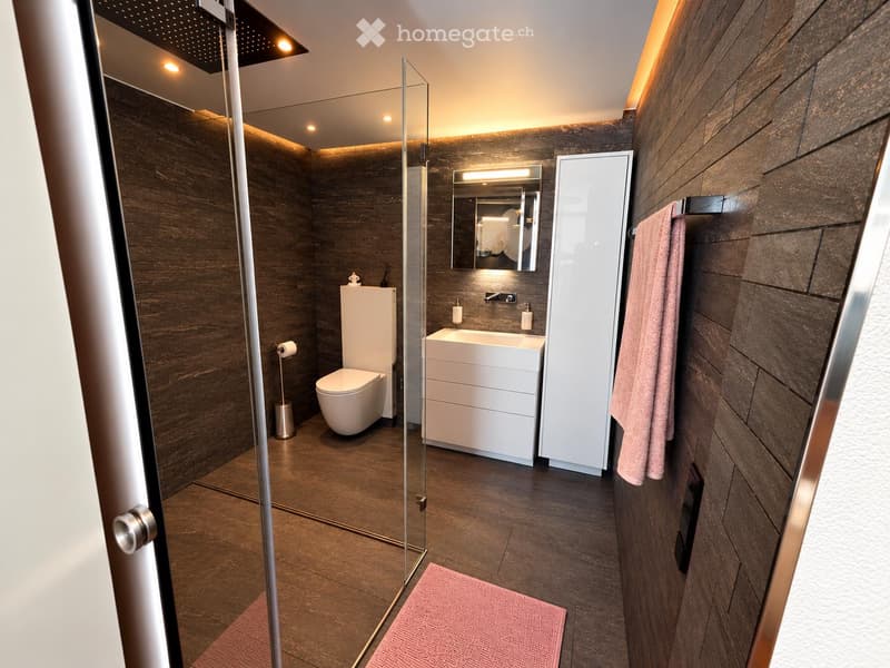 Modern bathroom with wooden walls, glass shower enclosure, white toilet, sink with mirror, and towel on a rack.