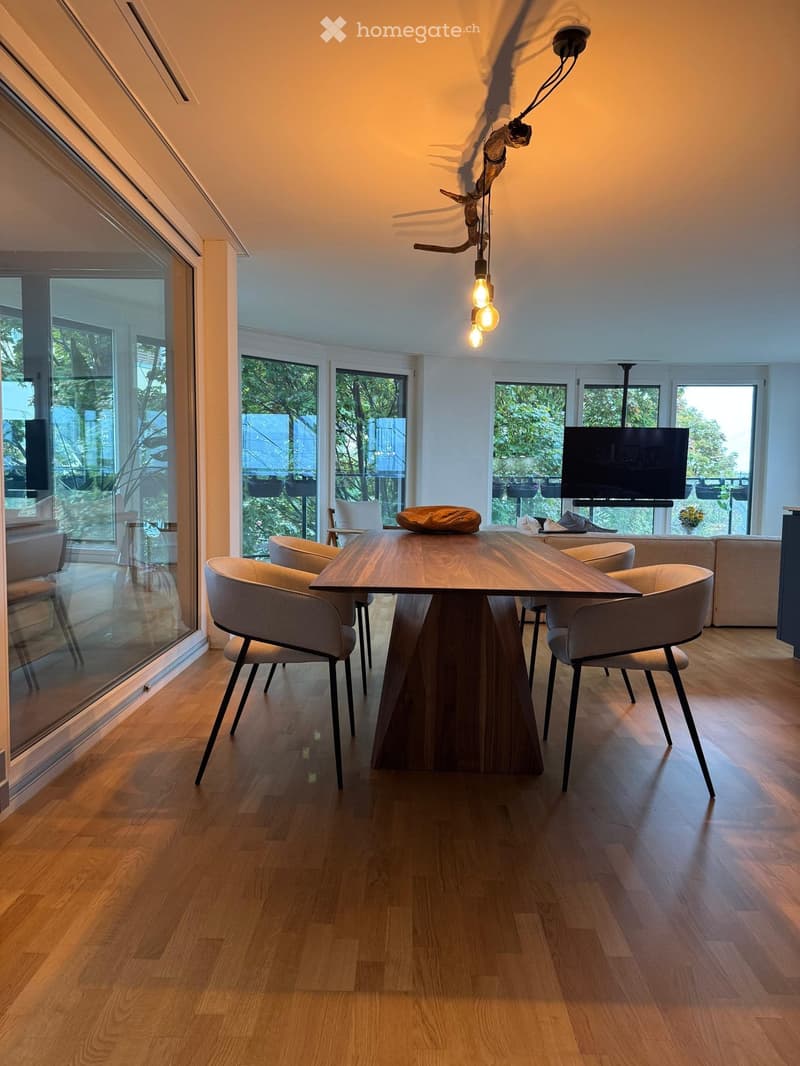Modern dining area with a large wooden dining table, six chairs, a sofa, and a television, large windows with a view of greenery.