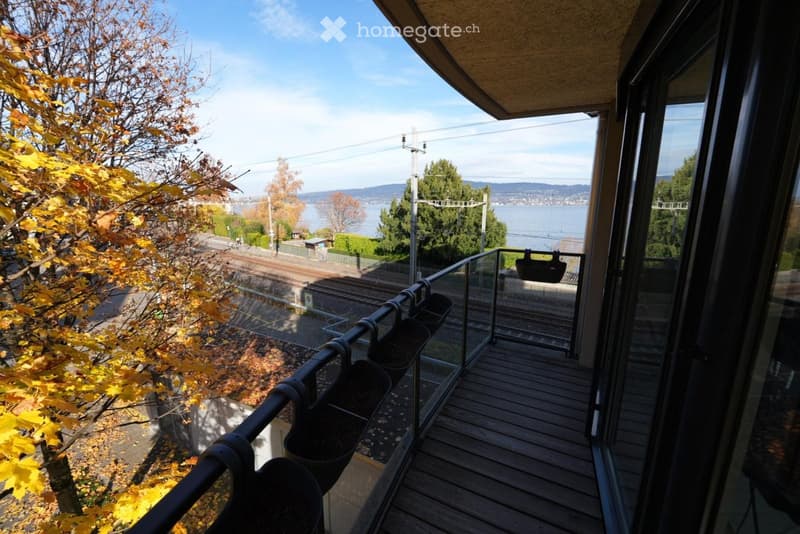 Balcony with wooden decking, glass railing, and scenic view of water, trees, and distant hills.