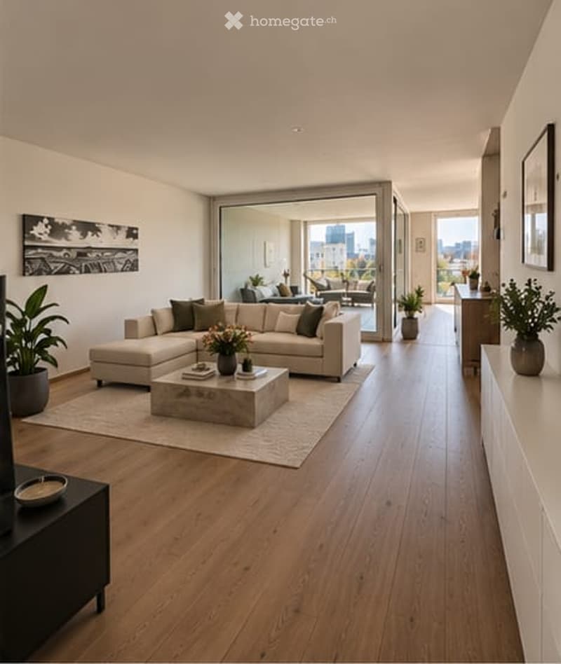 Modern living room with light wooden flooring, large sectional sofa, coffee table, side tables, and plants. Large windows offer a city view.