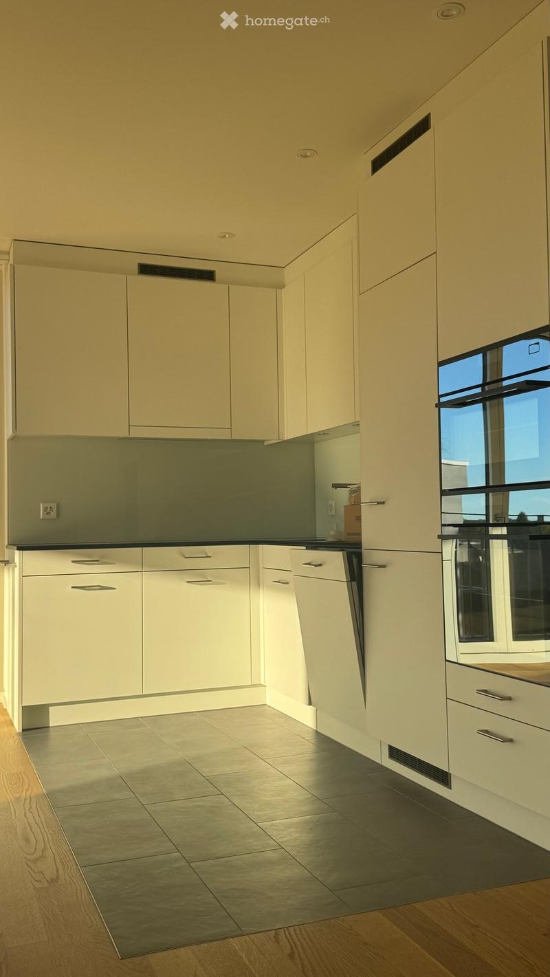 Modern kitchen with light-colored cabinets, a sleek countertop, and a mix of tiled and wooden flooring.
