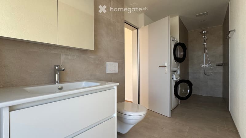 Modern bathroom with a white sink, faucet, toilet, and a separate shower area with a glass door. Light-colored tiles and a built-in cabinet are visible.