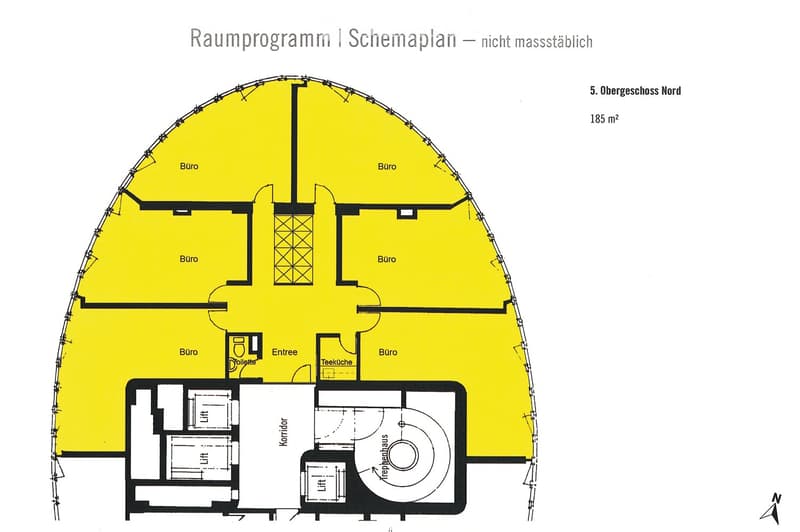 Floor plan of the 5th upper floor north, showing multiple office spaces, a break room, a corridor, and a staircase.