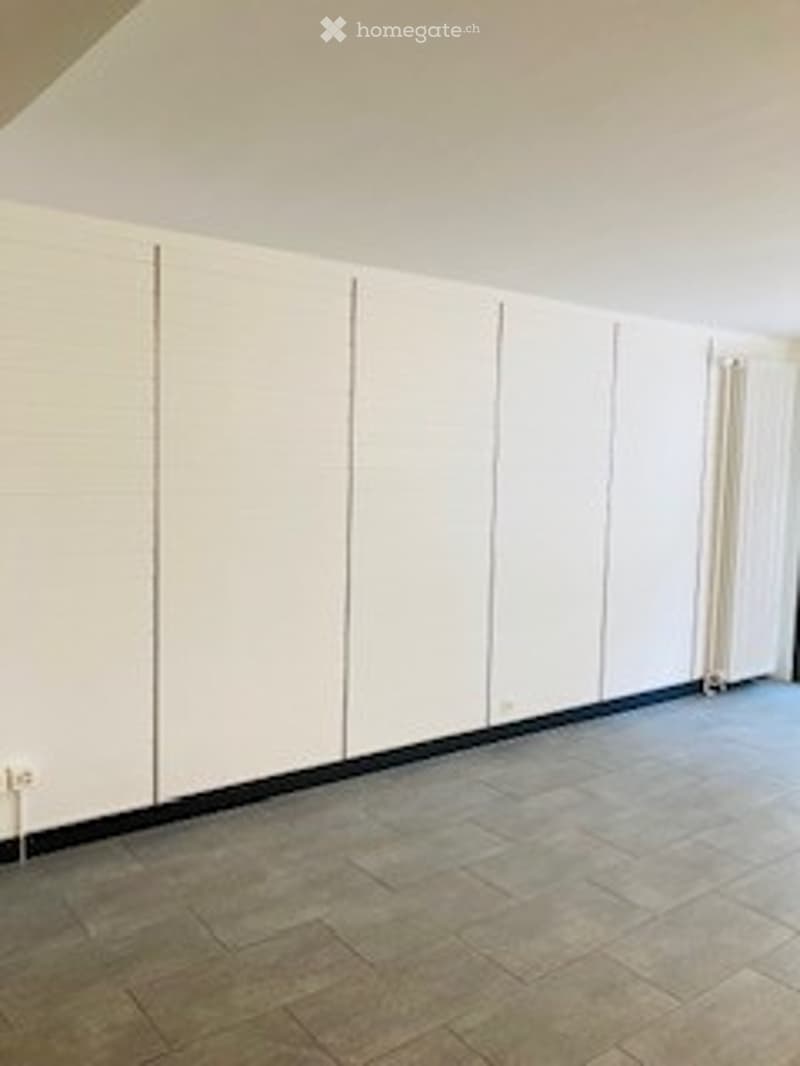 Completely empty room with white walls, wooden floor, and large built-in cabinetry along one wall.