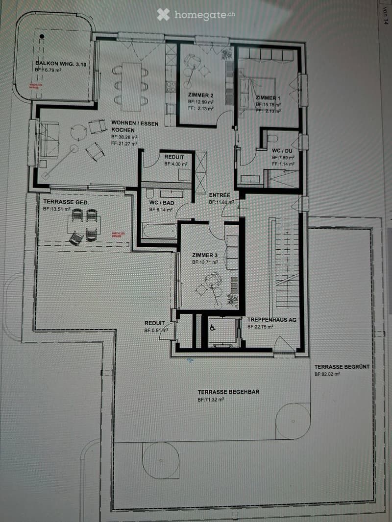 Floor plan showing a layout with three bedrooms, a kitchen/dining area, a bathroom, a hallway, a staircase, and two terraces (one accessible, one landscaped).