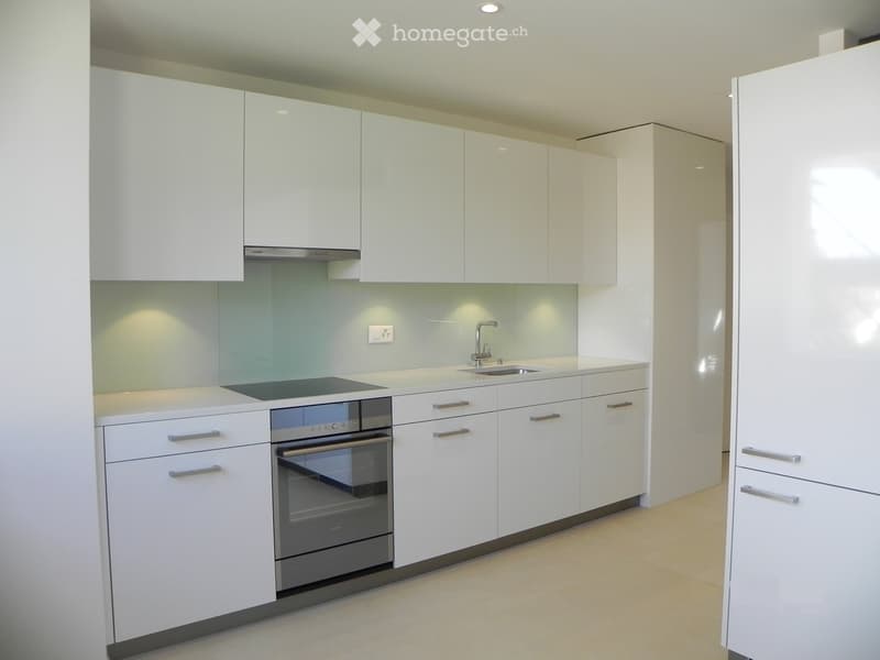 Modern kitchen with white cabinets, stainless steel appliances, and a sleek design.