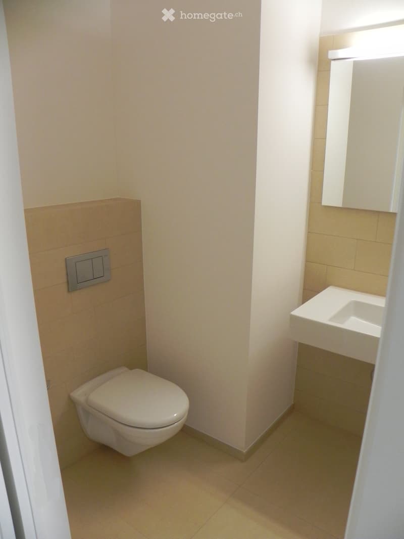 Modern bathroom with a toilet, sink, and tiled walls. Light-colored tiles and a clean, minimalist design.