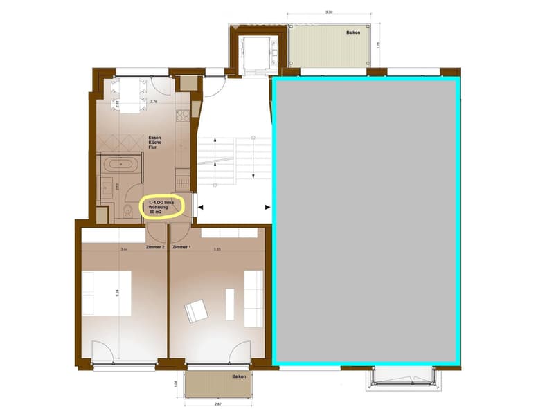 Floor plan of a 60 m² apartment with two bedrooms, a kitchen, a bathroom, and a balcony.