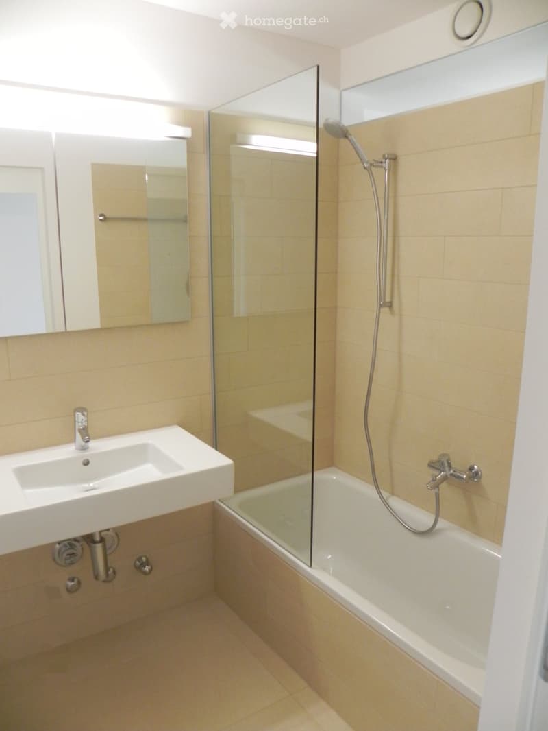 Modern bathroom with a white sink, bathtub with glass shower enclosure, and a large mirror above the sink.