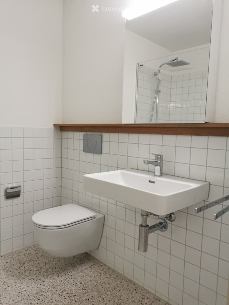 Modern bathroom with white tiles, a wall-mounted sink, a toilet, a mirror, and a showerhead.