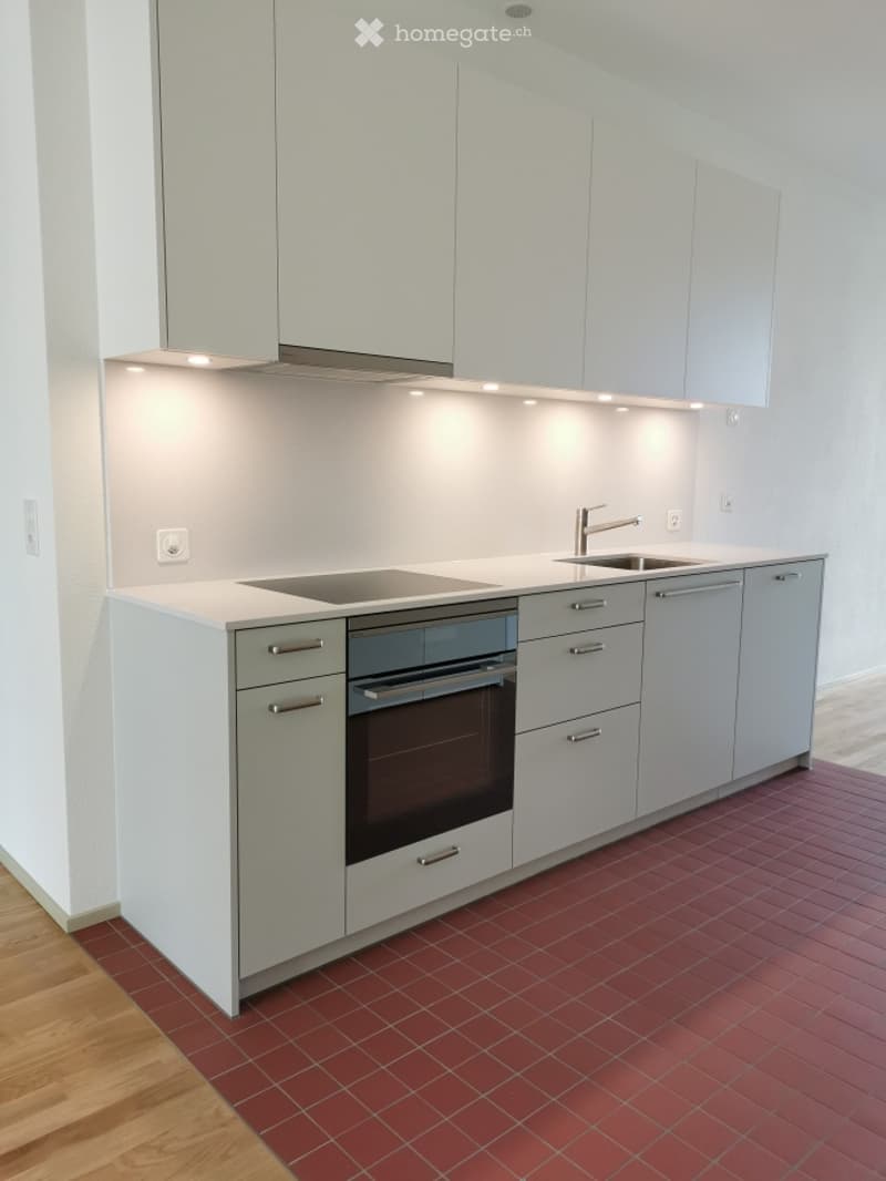 Modern kitchen with white cabinets, stainless steel sink and faucet, built-in oven, and red tiled floor.