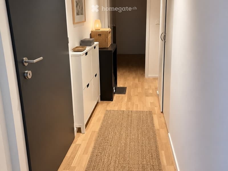 A narrow hallway with light wooden flooring, white walls, and a small storage unit with a lamp and decorative items on top. A woven rug lies on the floor, and a closed door is visible on the left side.